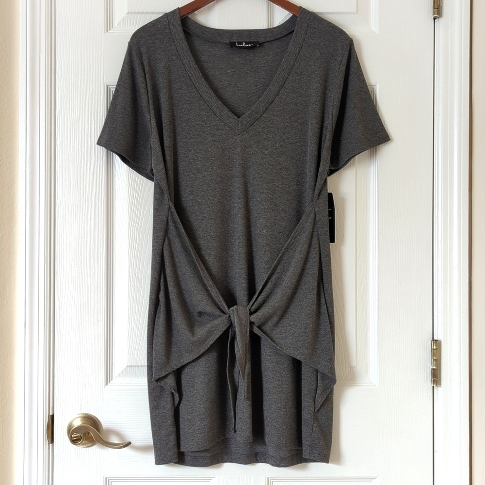 Lulus Live In Love Ribbed Knit V-neck Tie Knot Front Mini T-shirt Dress Gray M
